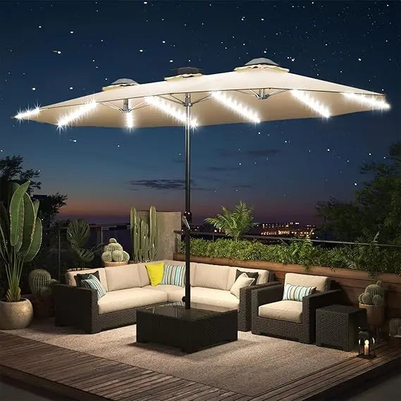 Solar Powered Patio Umbrella With LED Lights And Crank
