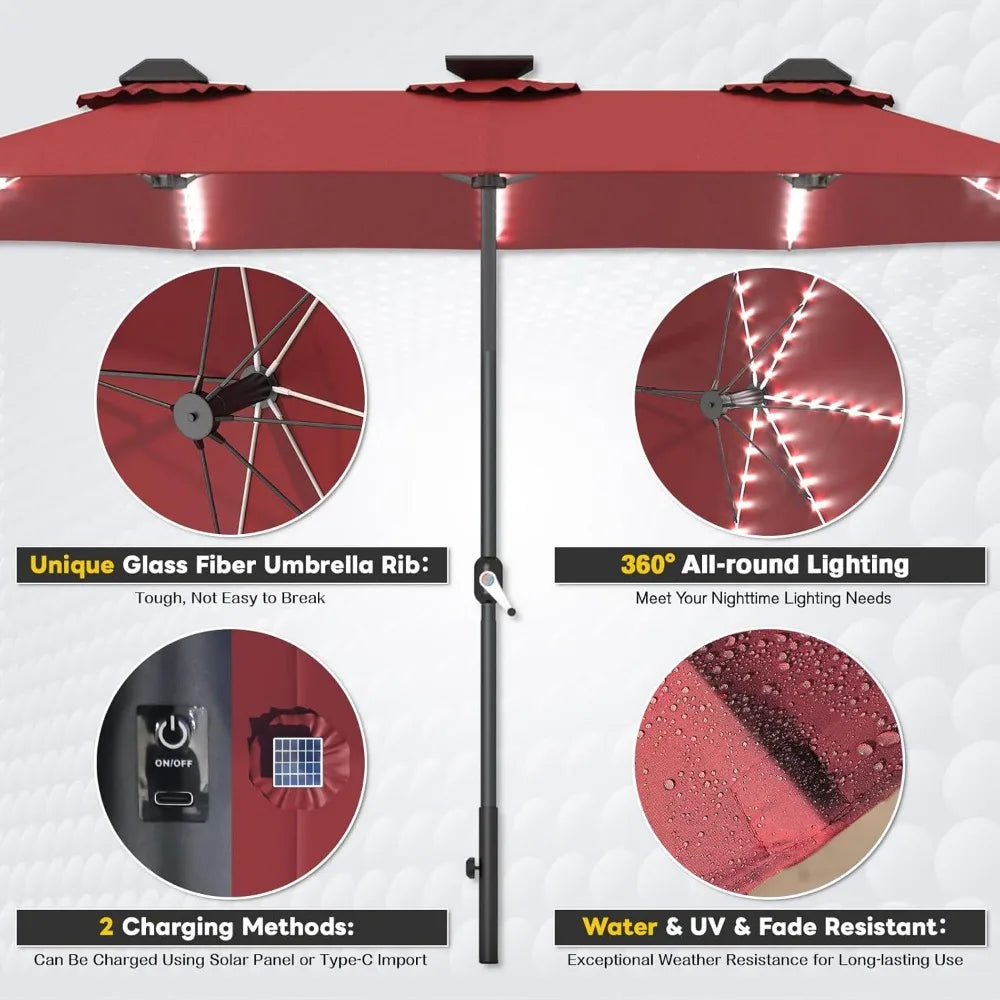 Solar Powered Patio Umbrella With LED Lights And Crank