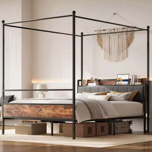 LIKIMIO Canopy Bed Frame With Storage And Charging Headboard