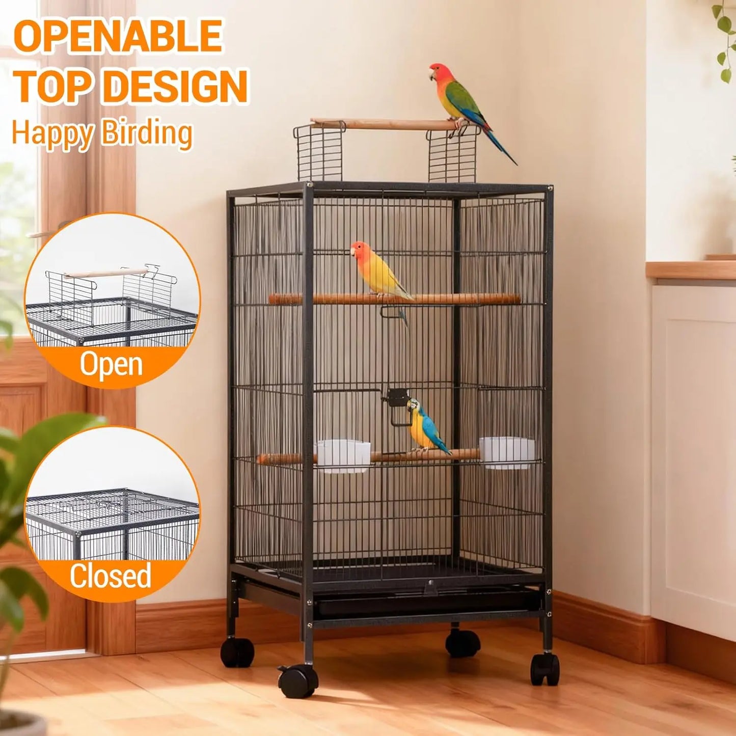 Wrought Iron Bird Cage With Rolling Stand Open Top Tray
