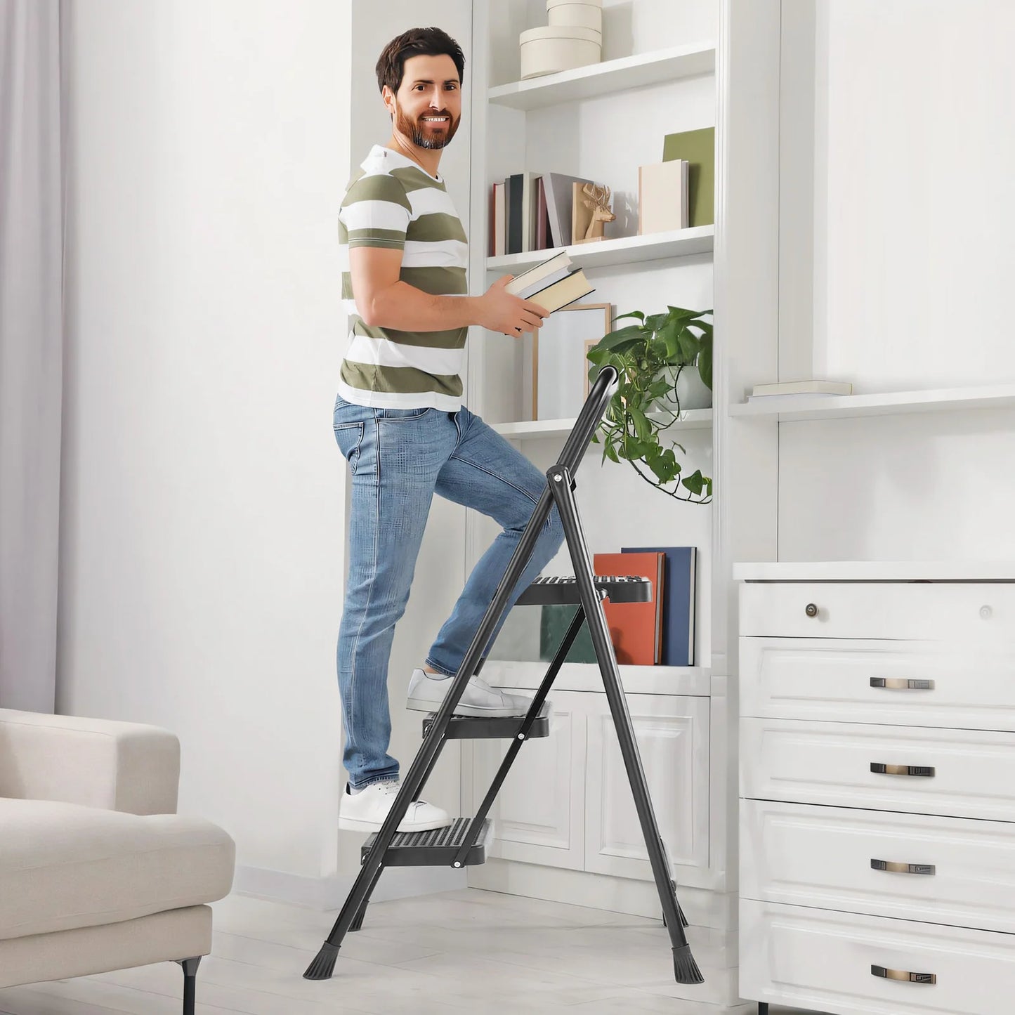 Folding Step Ladder Stool With Anti Slip Pedals Sturdy Steel