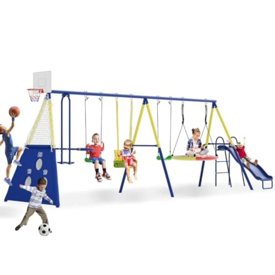 Multifunction Outdoor Metal Swing Set With Slide Hammock Teeter Totter