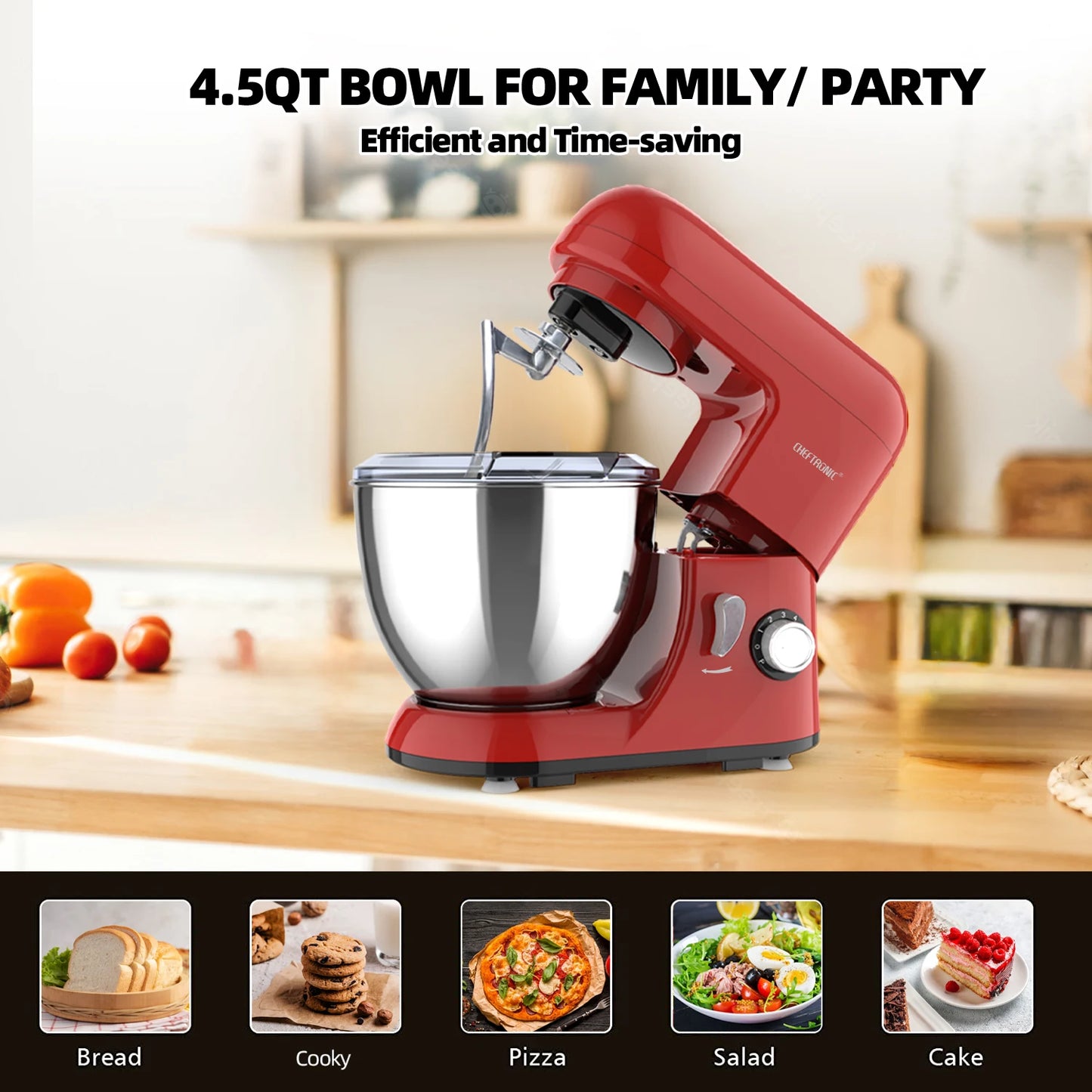 Cheftronic 4.5-Quart Tilt-Head Stand Mixer with 6 Speeds