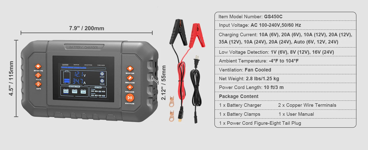 SucceBuy Smart Battery Charger 35-Amp Lithium LiFePO4  (AGM/Gel/SLA) LCD Display Trickle Charger for Boat Motorcycle Use