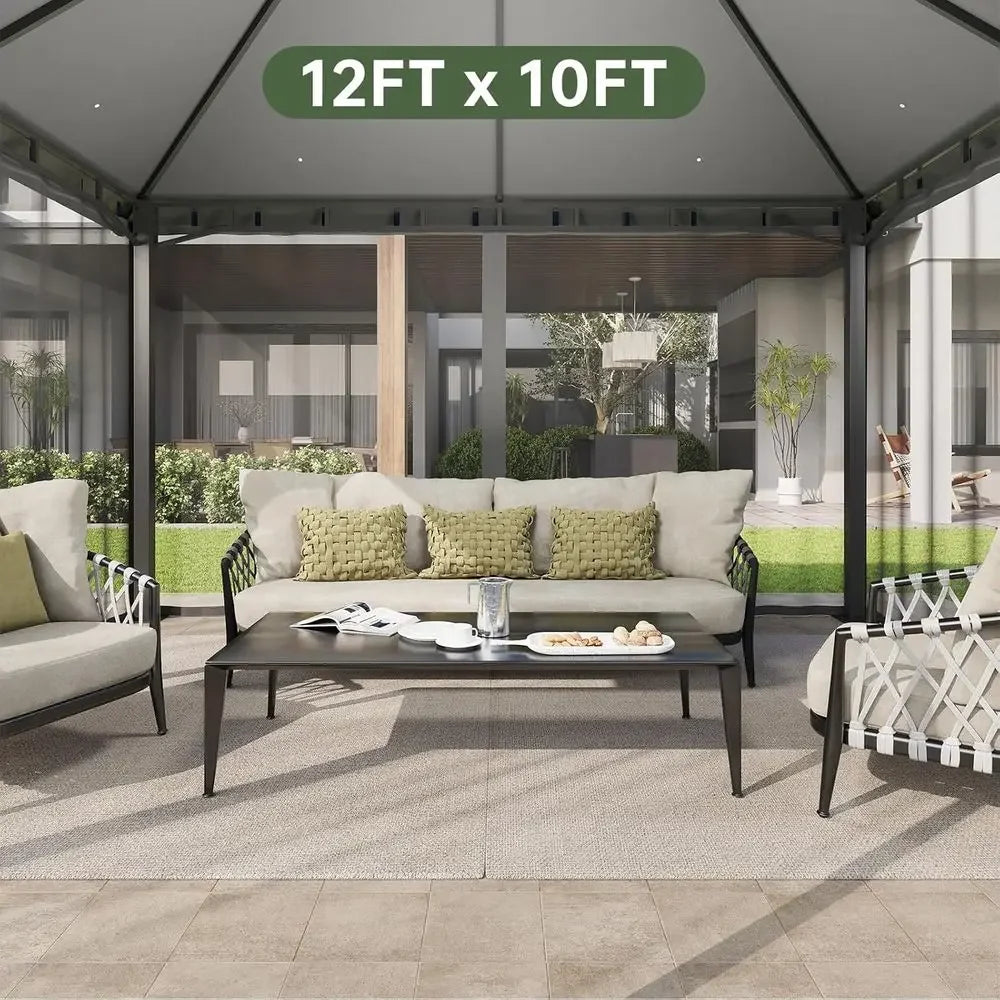 12x10 Outdoor Heavy Duty Gazebo With Double Roof And Mosquito Netting