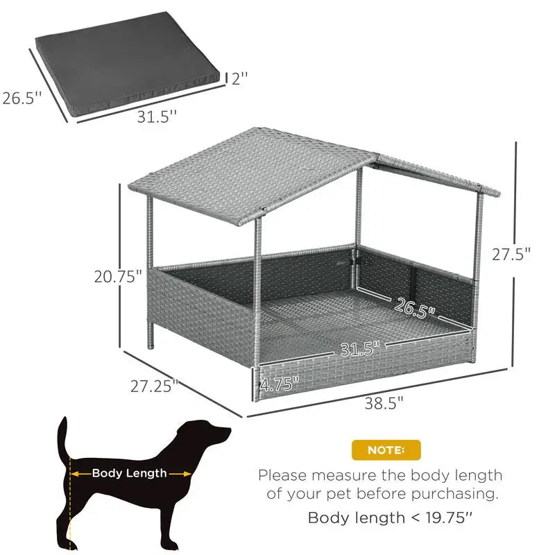 PawHut Wicker Dog House With Canopy Water Resistant Cushion Outdoor