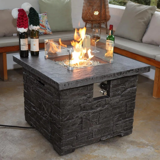 Outdoor Propane Fire Pit Table Square Stone With Wind Guard