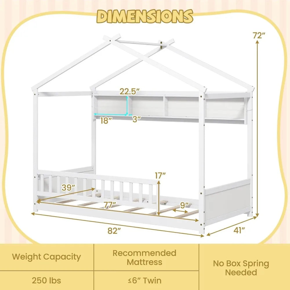 Giantex Floor Bed With Storage Shelf Headboard And Guardrail