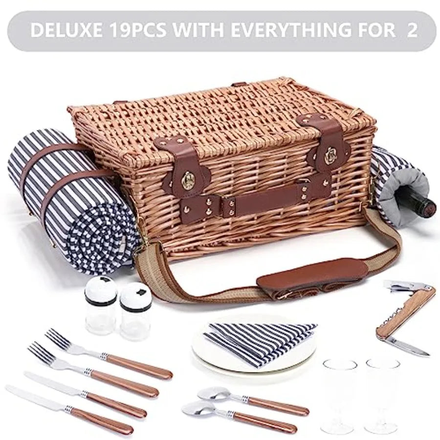 Wicker Picnic Basket for Two with Blanket & Wine Pouch | Outdoor Picnic Set