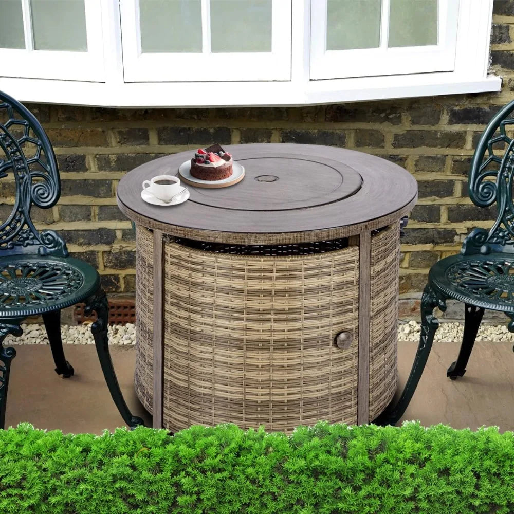 Propane Fire Pit Table In Wicker For Outdoor Patio Use