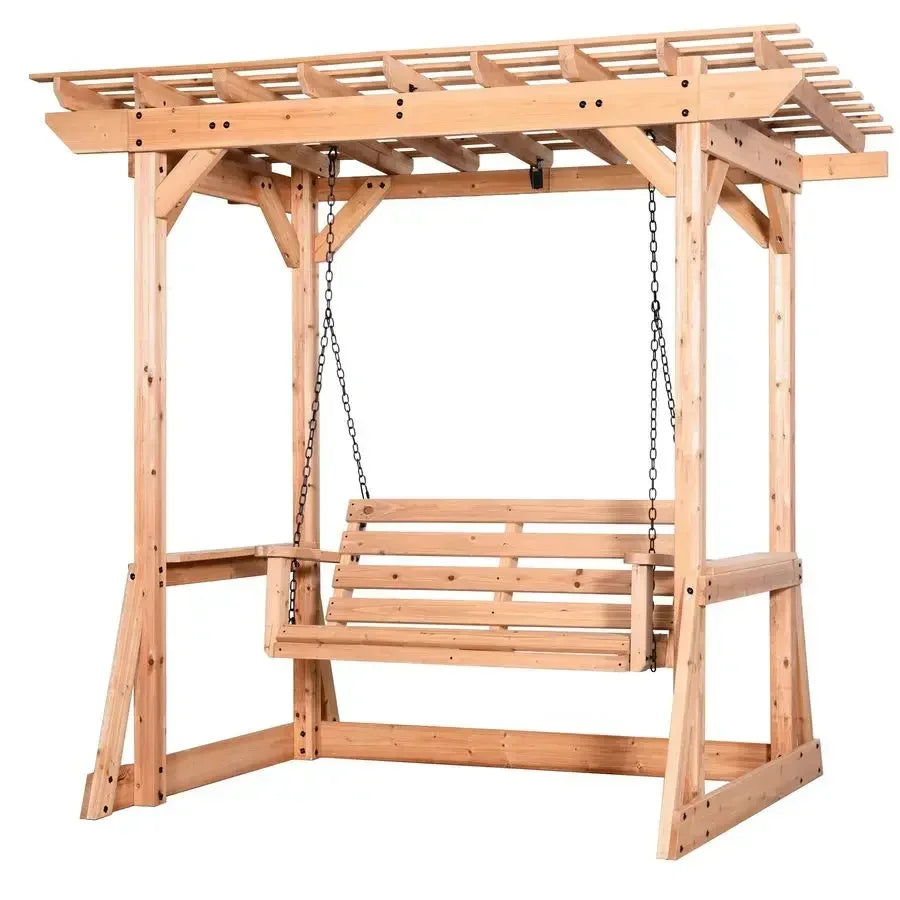 Cedar Wood Outdoor Patio Swing Bench With Trellis For Two