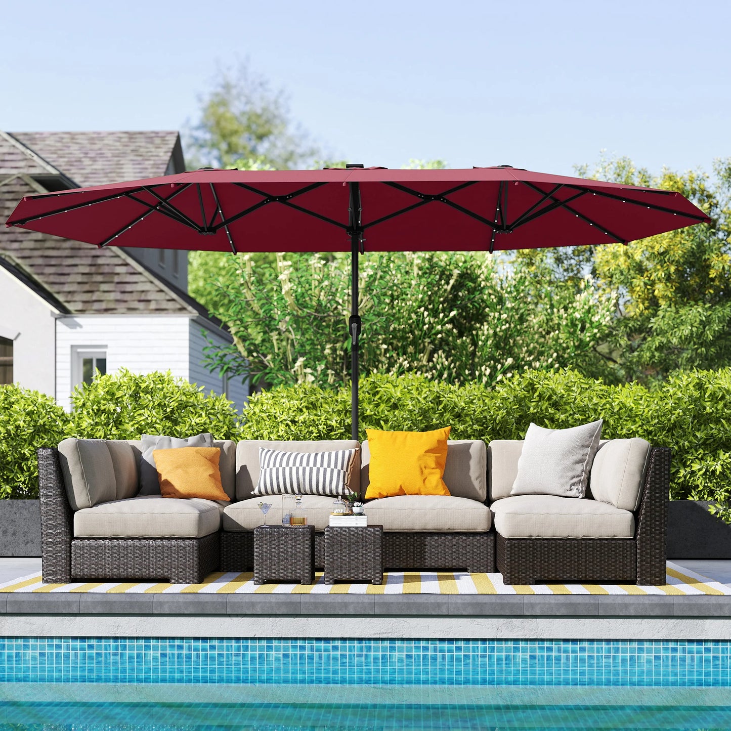 15-Foot Double-Sided Solar LED Patio Umbrella – Wine Red