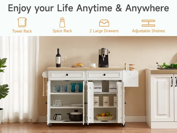 58-Inch Rolling Kitchen Island with Drop Leaf & Power Outlet