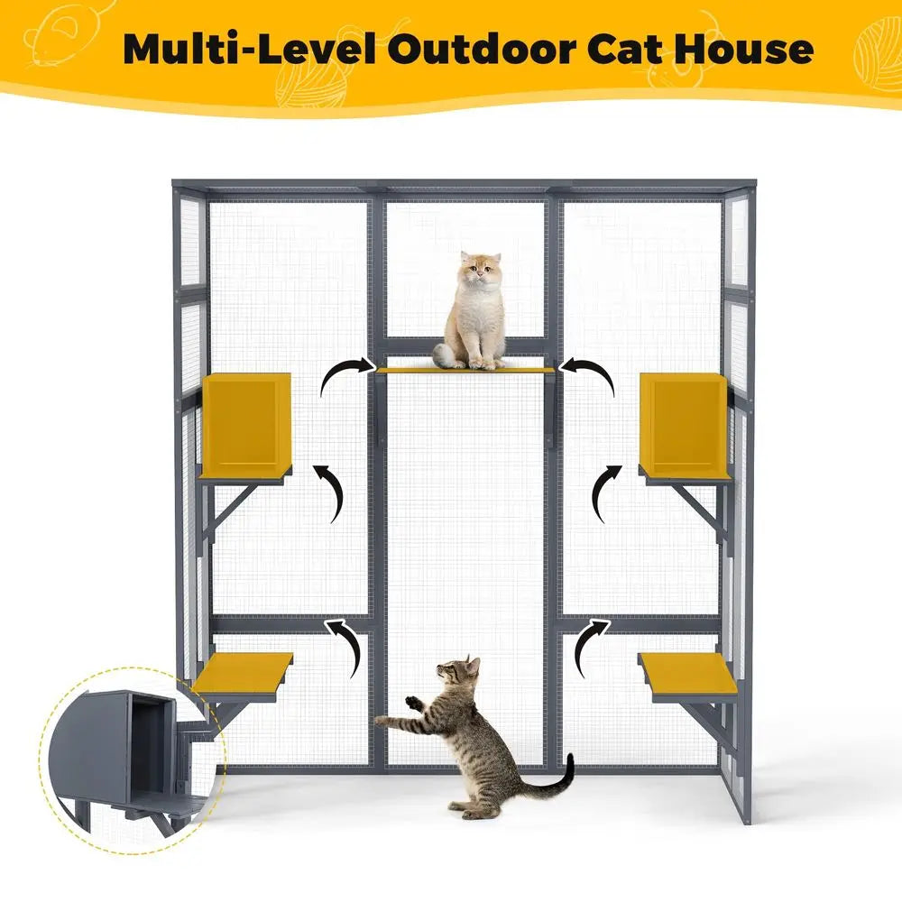 Wooden Outdoor Cat Enclosure With Waterproof Roof And Perches