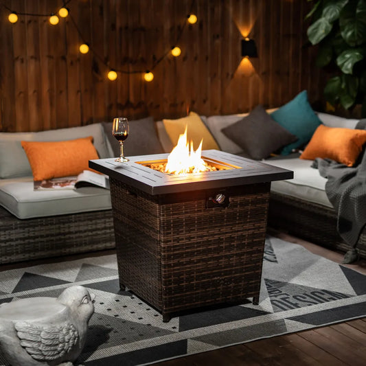 Square Wicker Rattan Gas Fire Pit Table For Outdoor Patio
