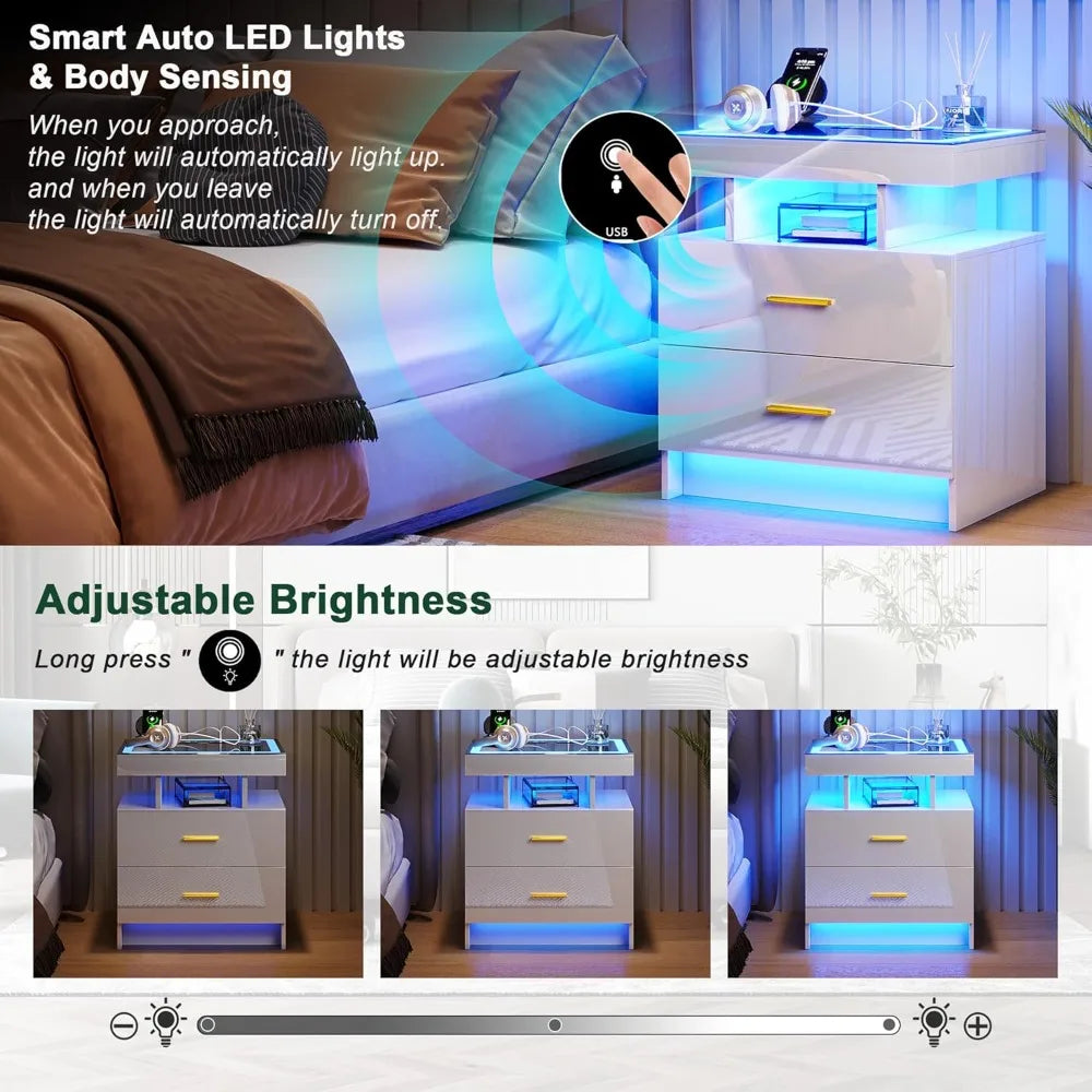 LED Nightstand With USB C Charging Station And 2 Drawers