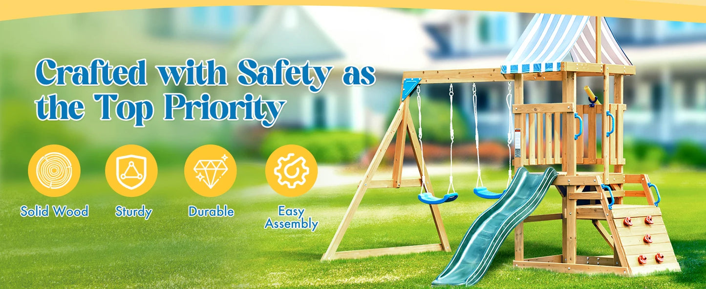 Robotime Robud Wooden Swing Set With Dual Swings Slide Chalkboard