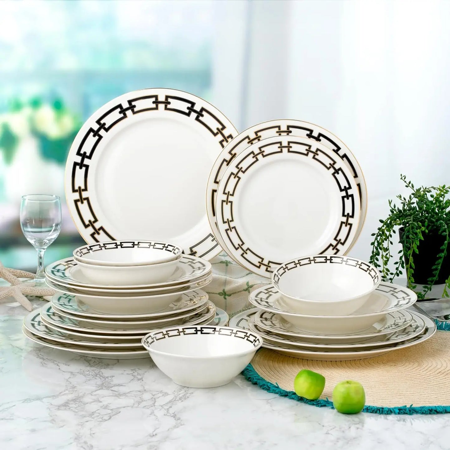 Bone China Dinnerware Set For Four With Elegant Engraved Pattern