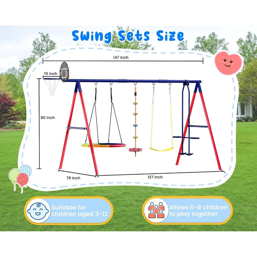 Heavy Duty Metal Swing Set With Rope Swing Glider Hoop