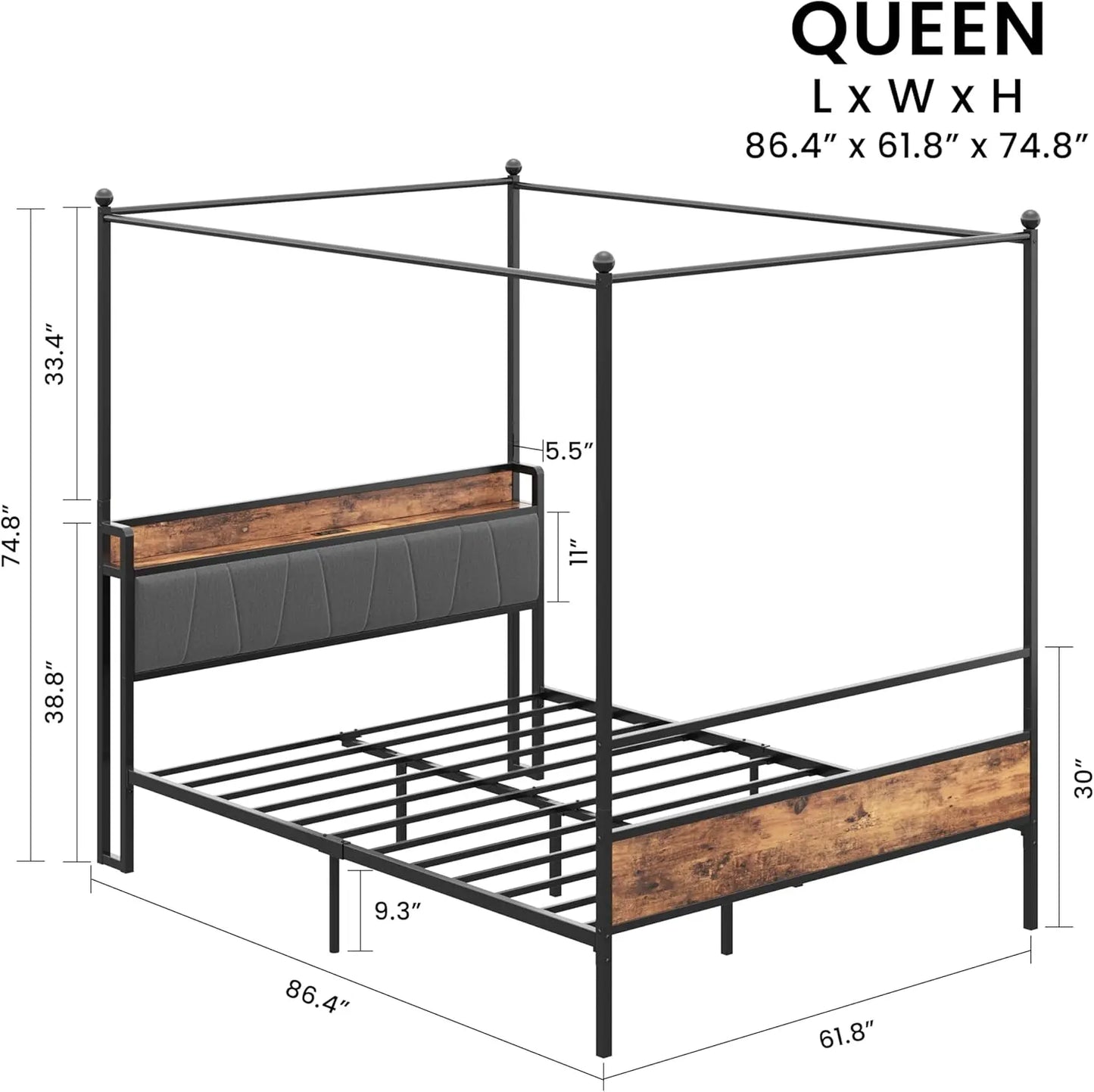 LIKIMIO Canopy Bed Frame With Storage And Charging Headboard