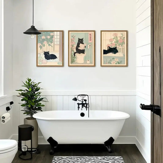 Japanese Bathroom Wall Art Trio Cat in Bathtub Decor