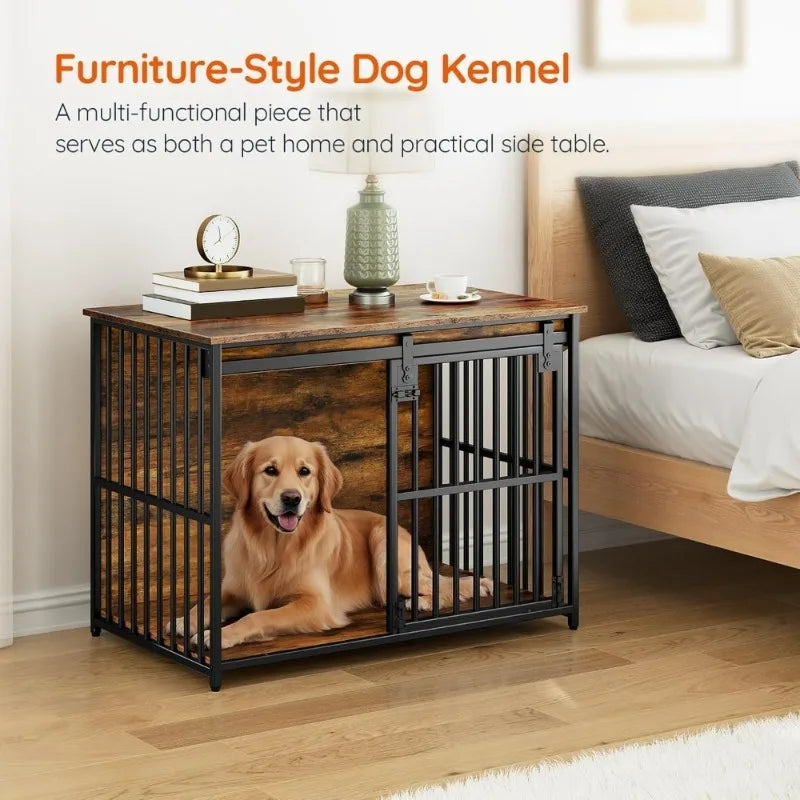 Heavy Duty Durable Dog Crate Table With Sliding Barn Door