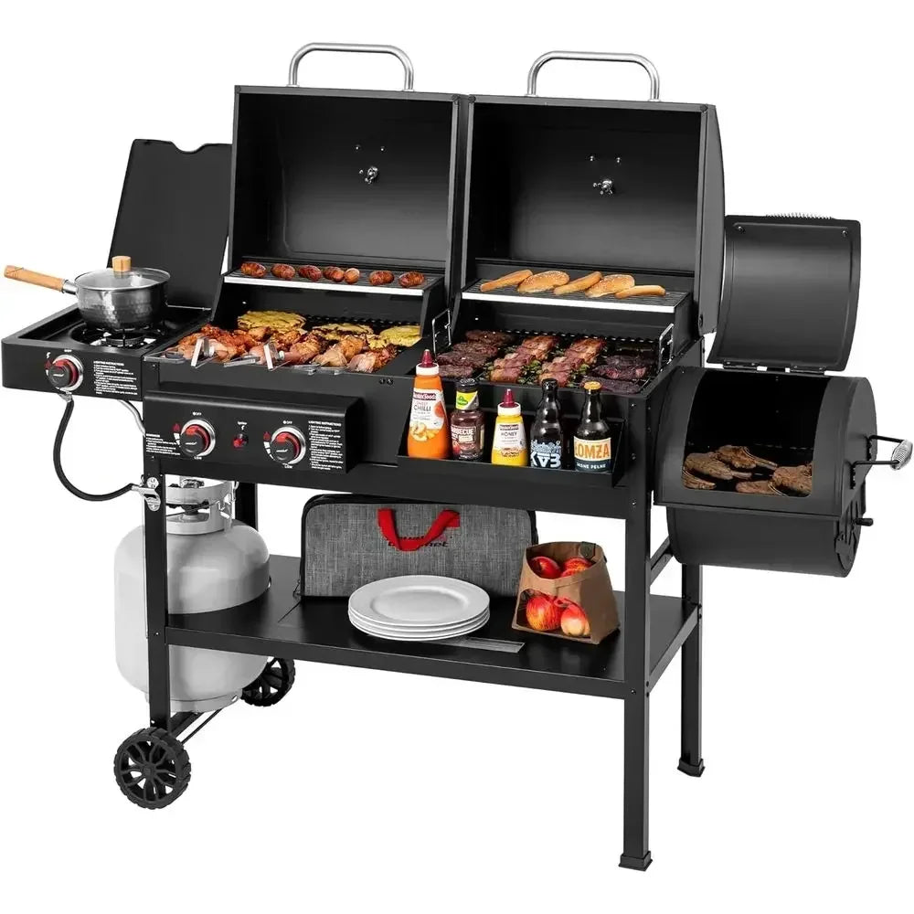 4-in-1 Dual-Fuel Gas & Charcoal Grill with Smoker & Side Burner