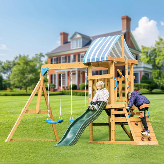 Robotime Robud Wooden Swing Set With Dual Swings Slide Chalkboard