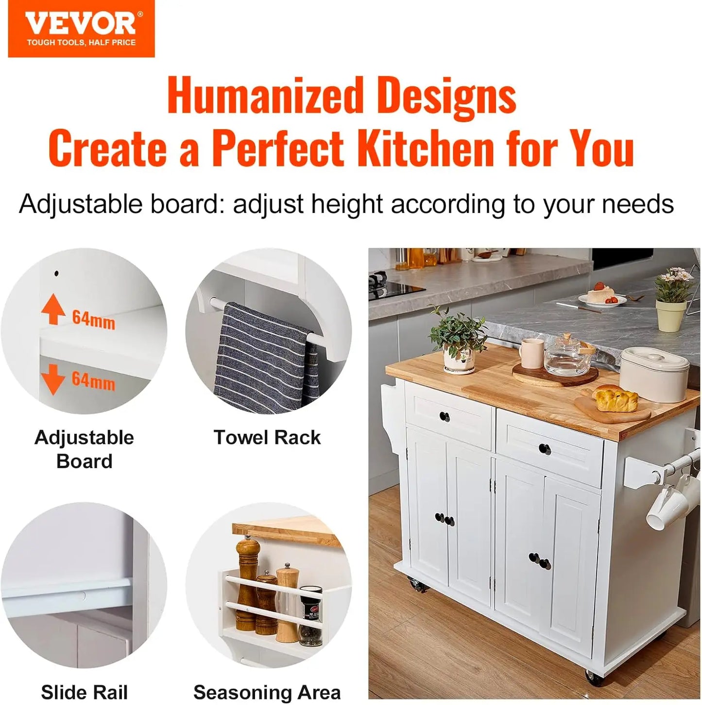 Mobile Kitchen Island Cart Solid Wood Top And Lockable Wheels