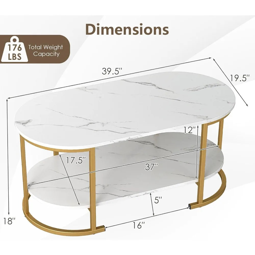 Two-Tier Coffee Table With Faux Marble Top And Open Storage