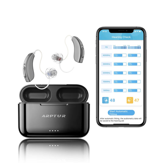 Bluetooth Hearing Aids for Seniors Rechargeable with Noice Cancelling Phone Control RIC Dual Microphone APP Hearing Test Music