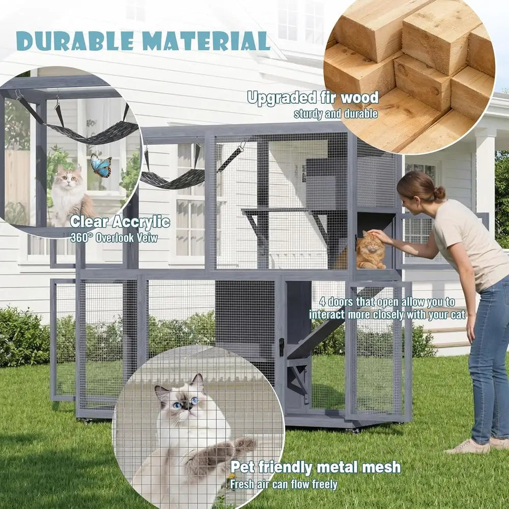 Catio Outdoor Cat Enclosure on Wheels, 4 Tier Large Cat House or Multiple Cats with Resting Box and Hammock, Indoor Wooden Kitty
