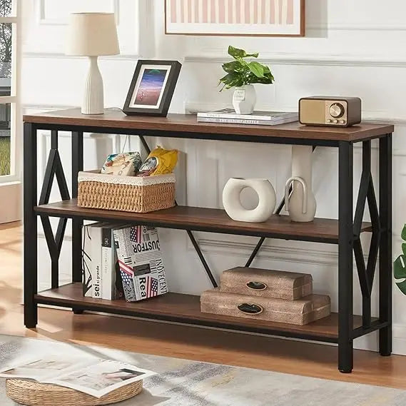 Sofa Console Table With 3 Tier Storage And Open Shelves
