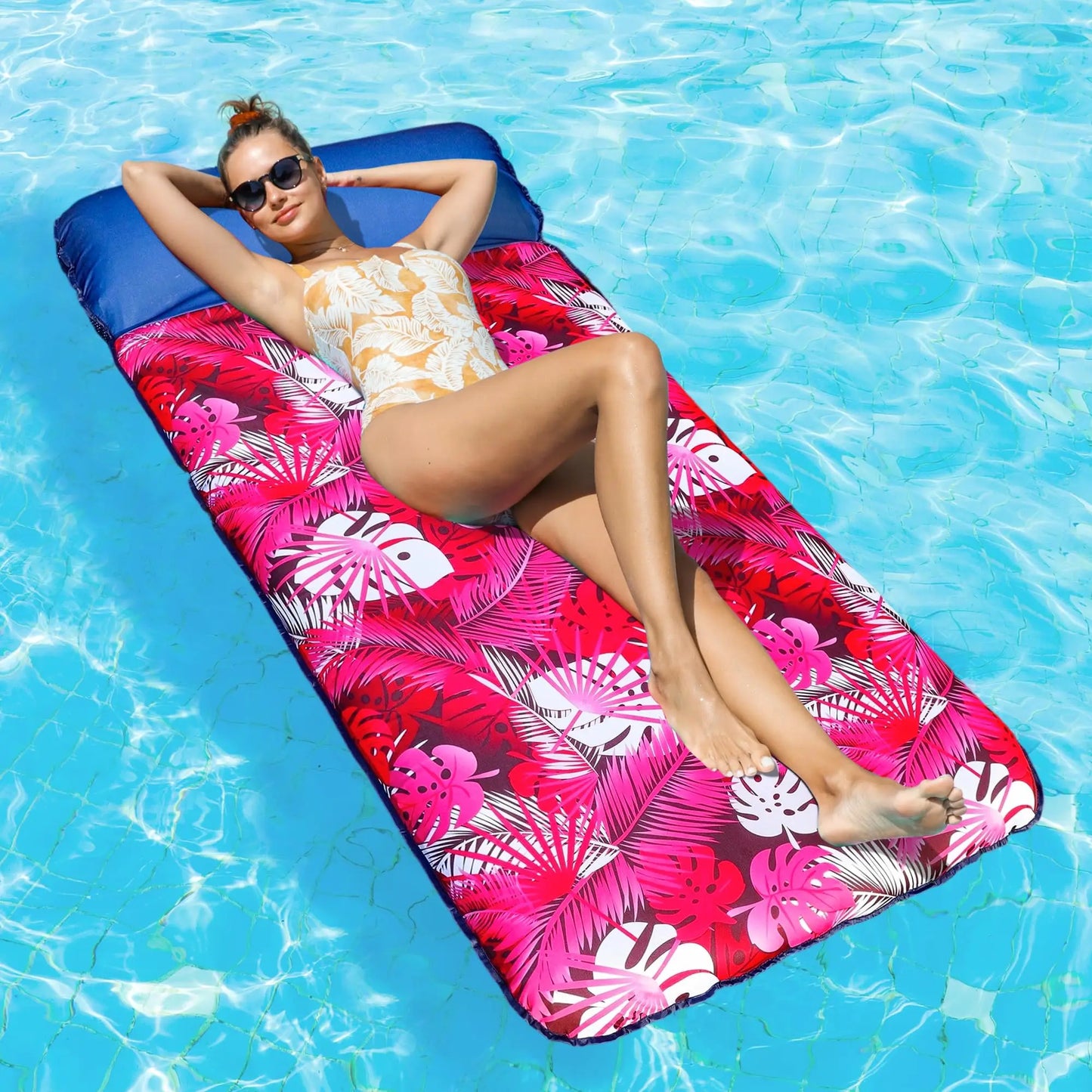 Oversized Fabric-Covered Inflatable Pool Lounger with Headrest
