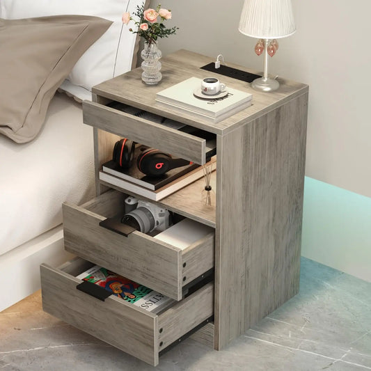 LED Nightstand With Charging Station and Drawer Storage