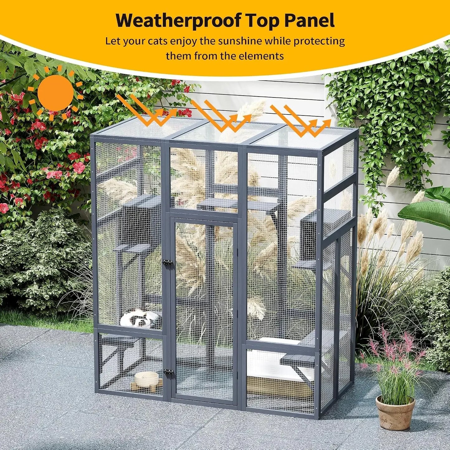 Wooden Outdoor Cat Enclosure With Waterproof Roof And Platforms