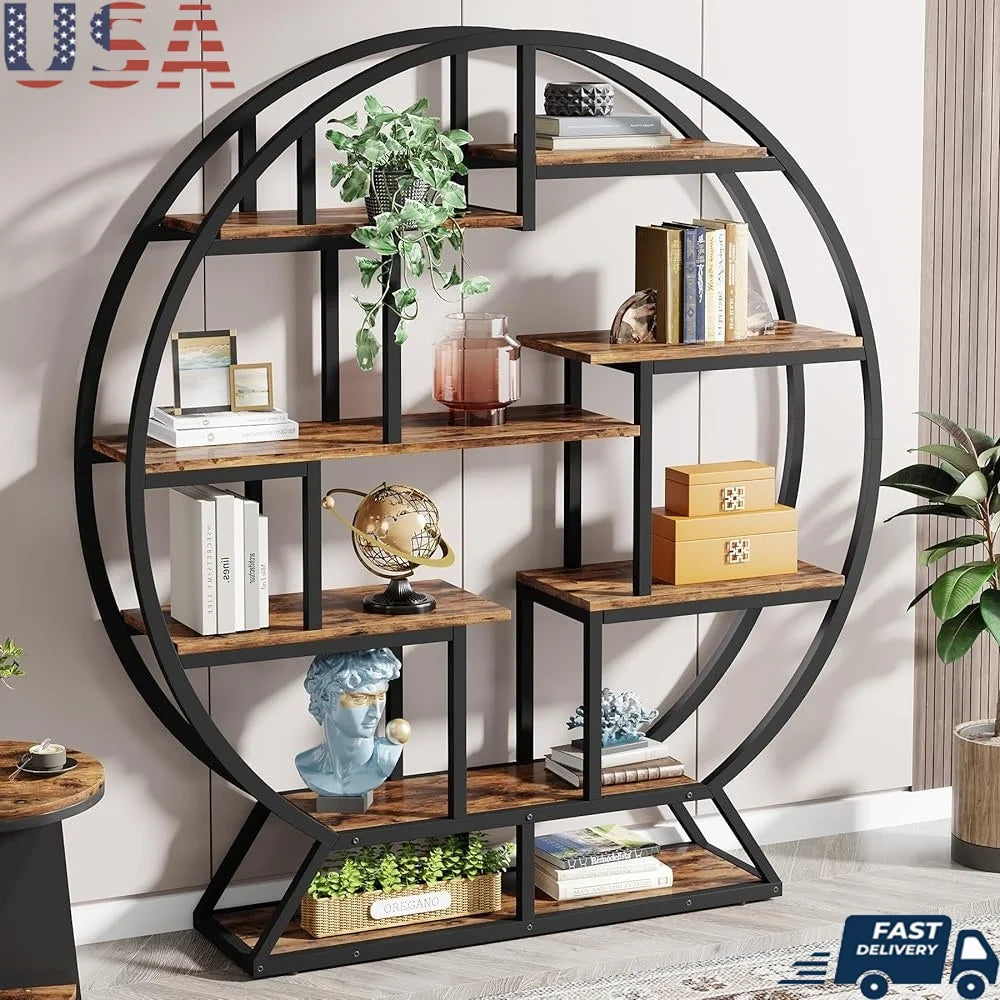 Industrial Round Bookshelf With Staggered Shelves Etagere