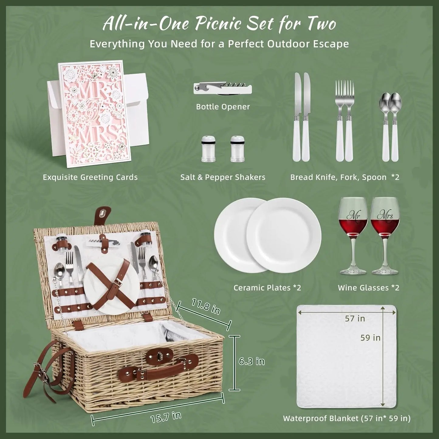 Wicker Picnic Basket for Two with Blanket &amp; Wine Pouch | Outdoor Picnic Set