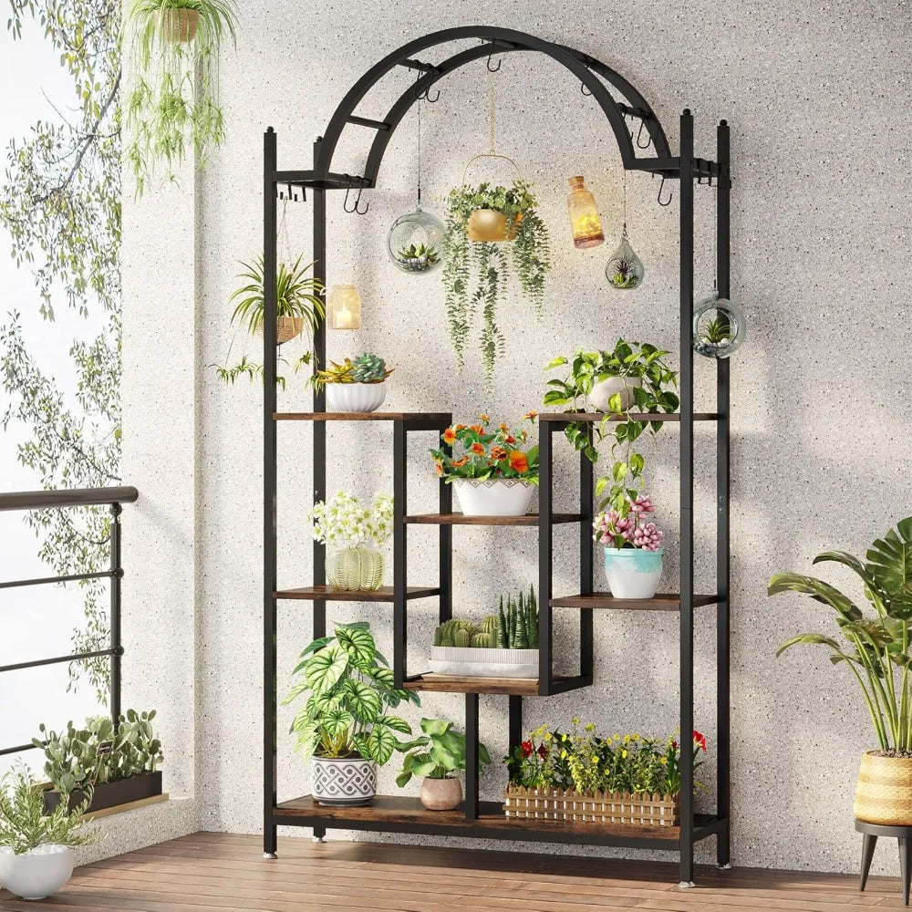 Arched Metal Five Tier Plant Stand With Hooks For Indoor