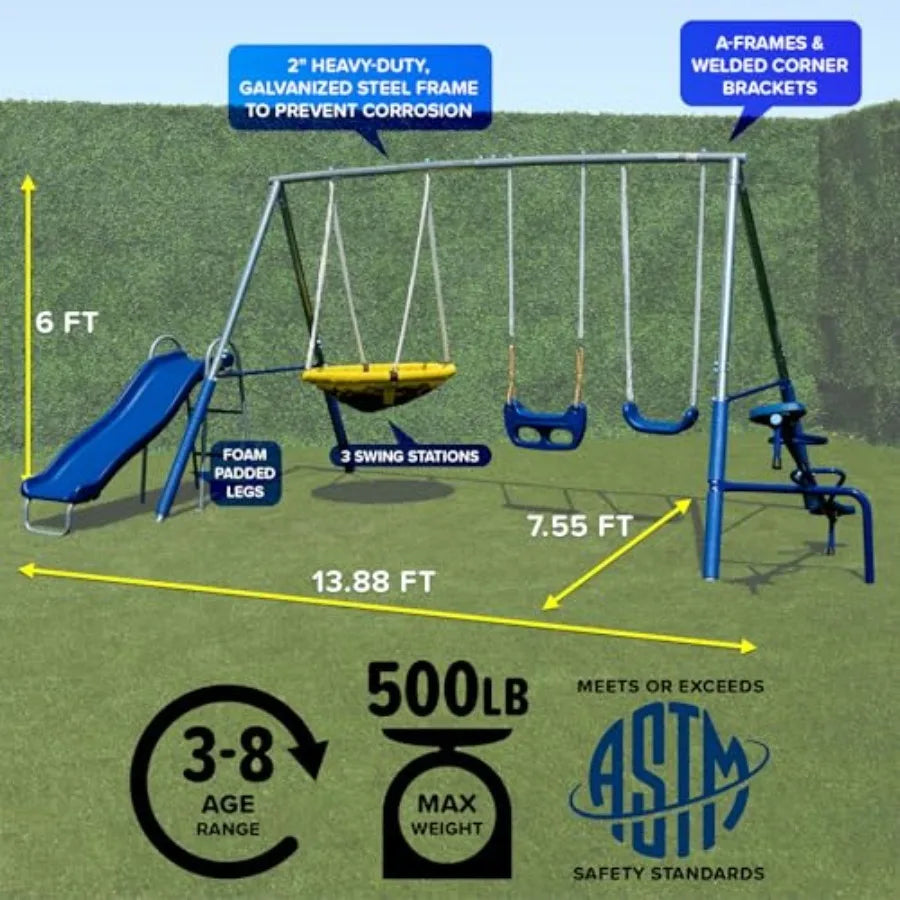 Outdoor Kids Swing Set With Teeter Totter and Slide