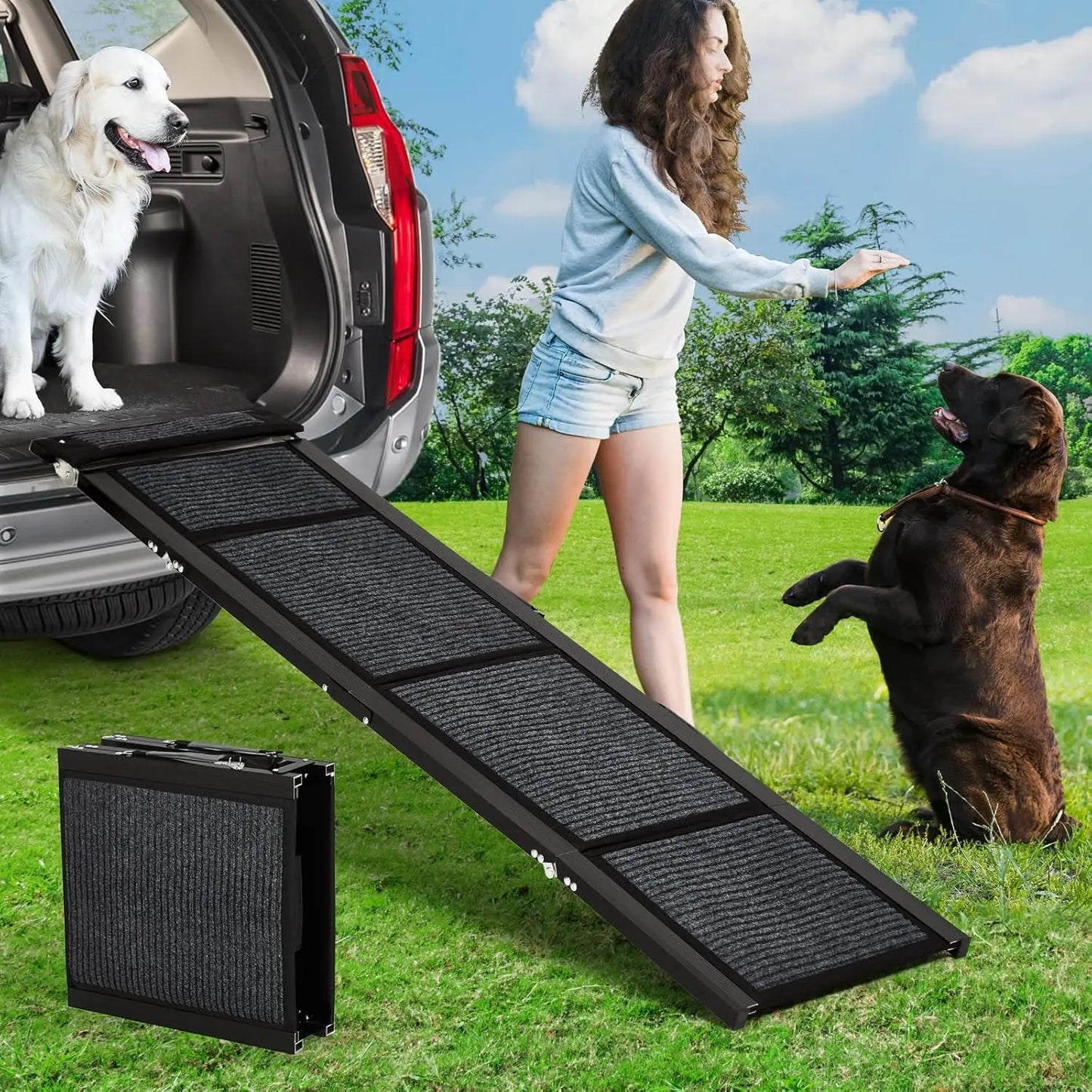Folding Aluminum Dog Car Ramp with Non-Slip Surface – 250 lb Capacity