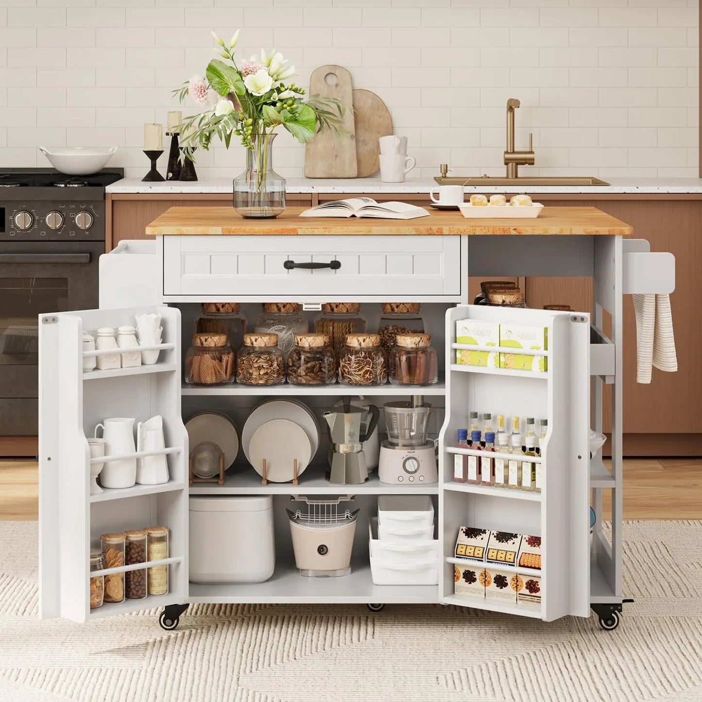 Update Kitchen Island Cart With Storage And Foldable Drop Leaf