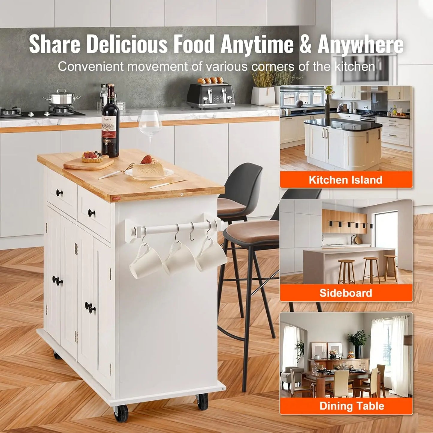 Mobile Kitchen Island Cart Solid Wood Top And Lockable Wheels