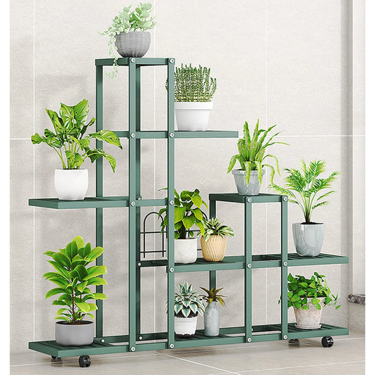 Wrought Iron Tiered Plant Stand With Wheels For Indoor Outdoor