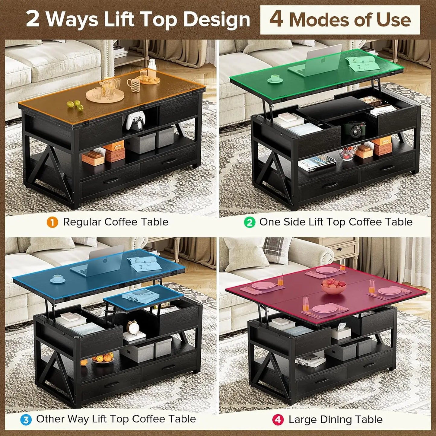 40-Inch 4-in-1 Lift-Top Coffee Table with Hidden Storage & Drawers