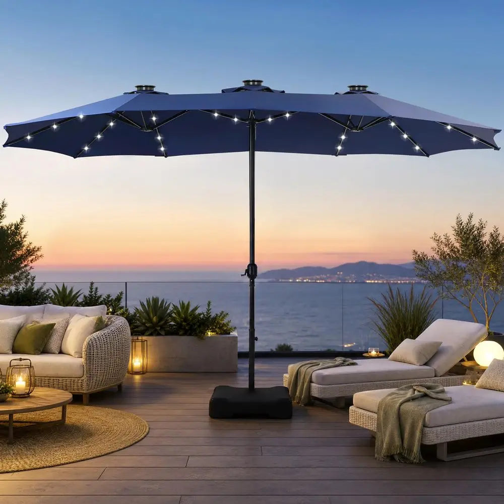 15 x 9 Ft Double-Sided Patio Umbrella with Solar LED Lights and Base
