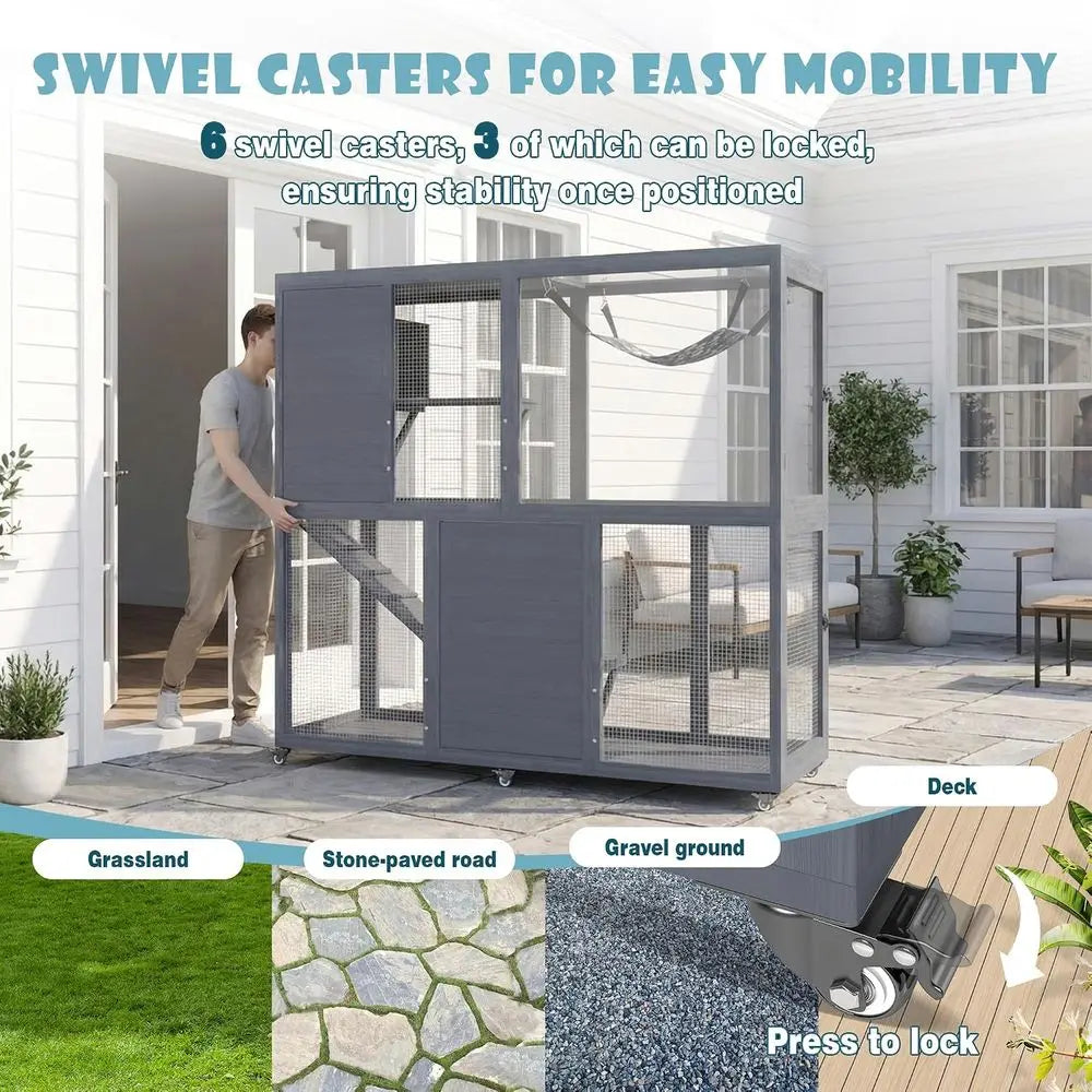 Catio Outdoor Cat Enclosure on Wheels, 4 Tier Large Cat House or Multiple Cats with Resting Box and Hammock, Indoor Wooden Kitty