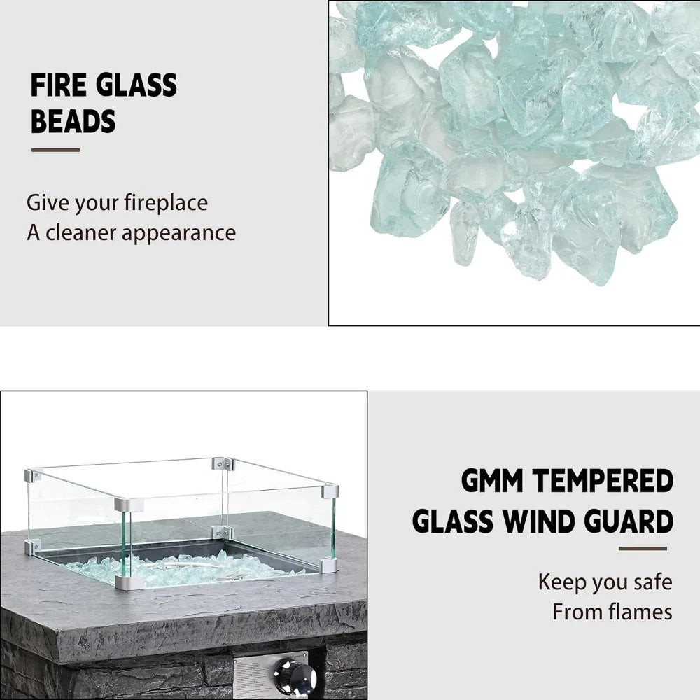 Outdoor Propane Fire Pit Table Square Stone With Wind Guard