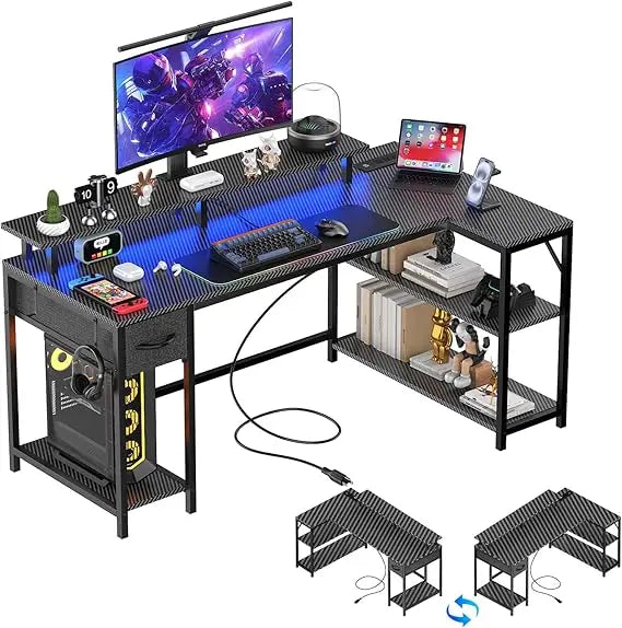 L Shaped Gaming Desk With Power Outlet Monitor Stand