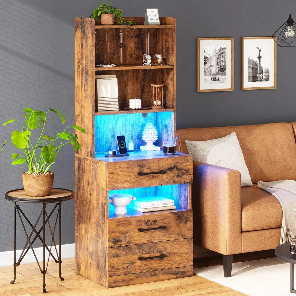Tall Nightstand Set Of Two With LED Lights And Charging
